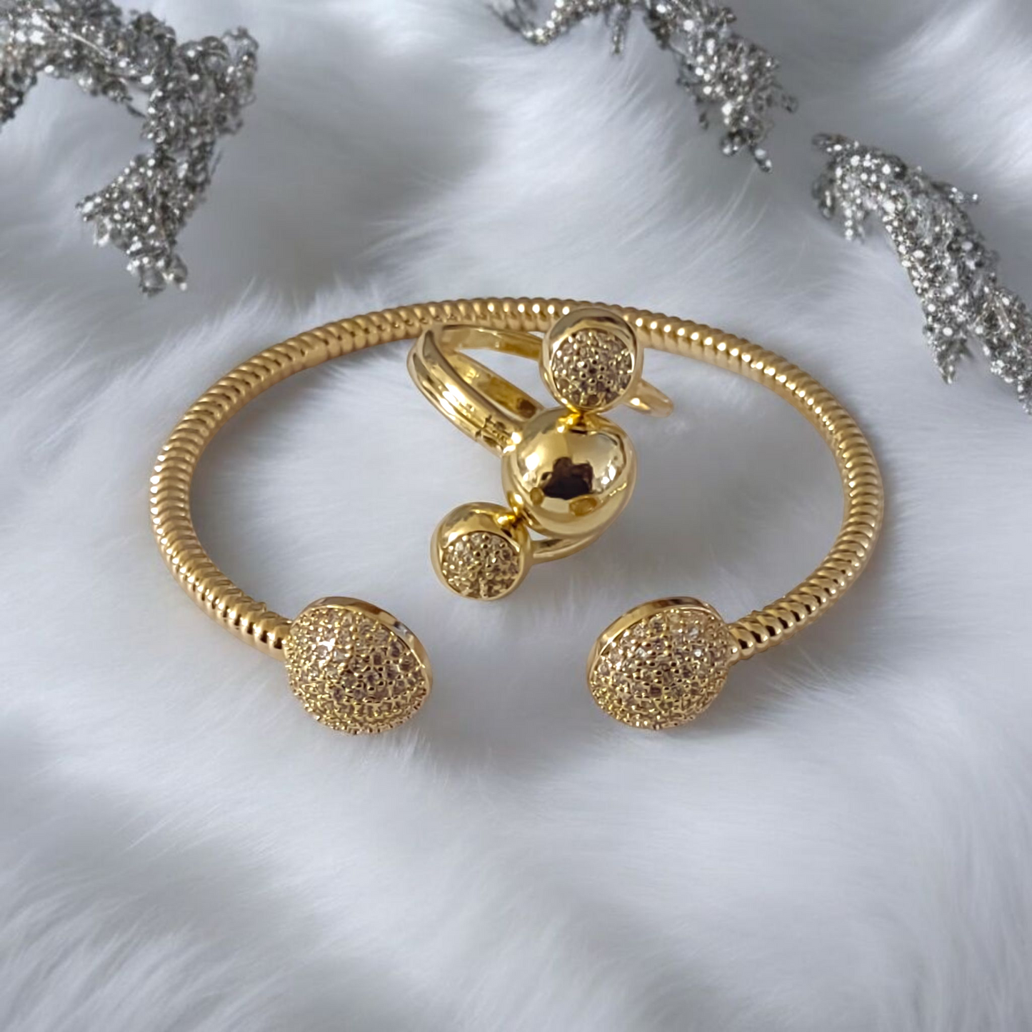 Gold Crystal Dusted Balls Bangle /Ring Set