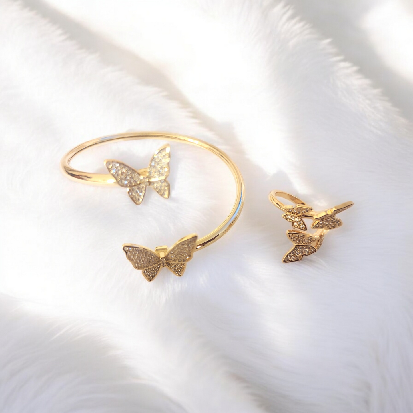 Gold Plated Butterfly Adjustable Bangle and Ring Set