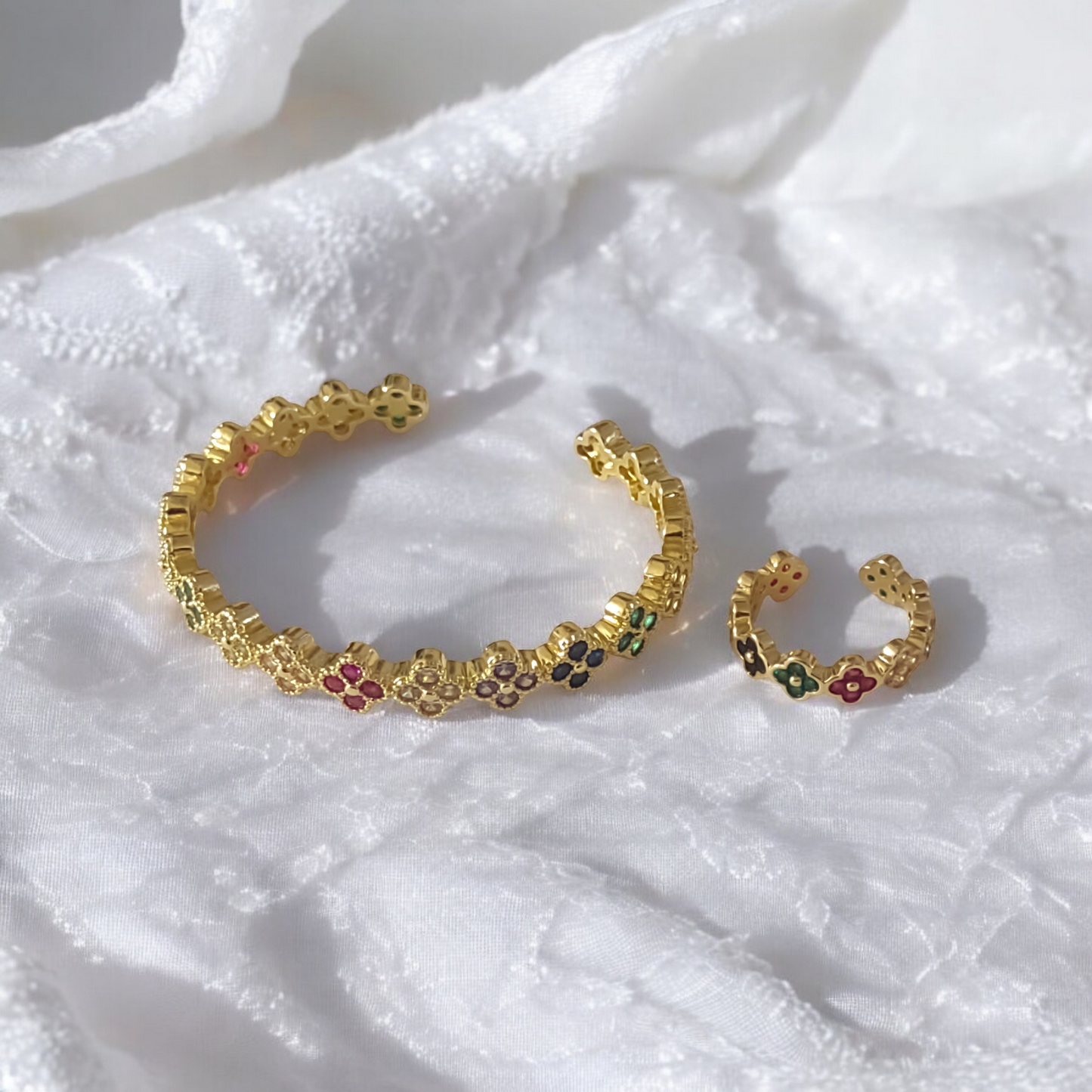 Crystal Clover Multicolor Cuff Bangle & Ring Set