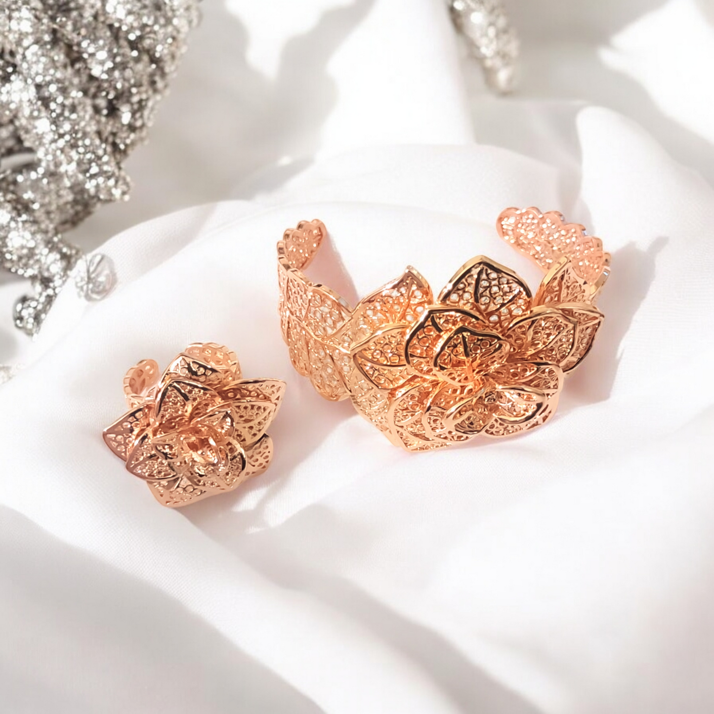 Rose Gold Plated Flower Cuff & Ring Jewelry Set