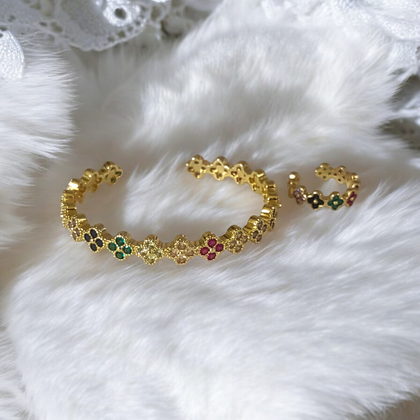 Crystal Clover Multicolor Cuff Bangle & Ring Set