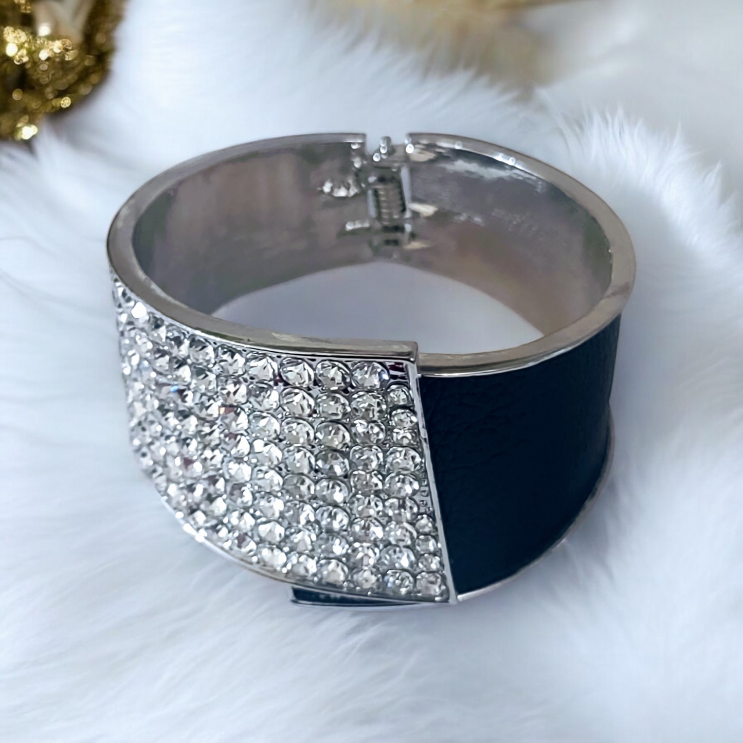 Silver Studded Black Leather Look Cuff Bangle