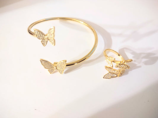 Gold Plated Butterfly Adjustable Bangle and Ring Set