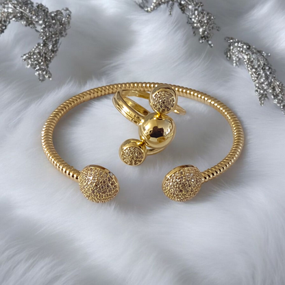 Gold Crystal Dusted Balls Bangle /Ring Set