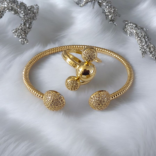 Gold Crystal Dusted Balls Bangle /Ring Set