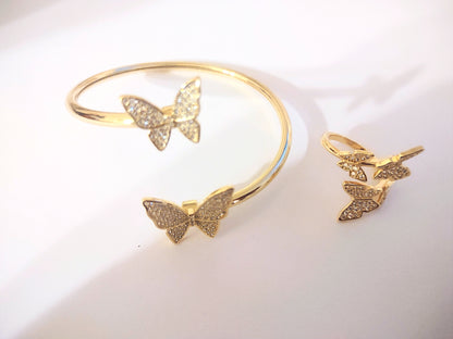 Gold Plated Butterfly Adjustable Bangle and Ring Set