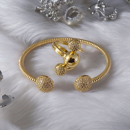 Gold Crystal Dusted Balls Bangle /Ring Set