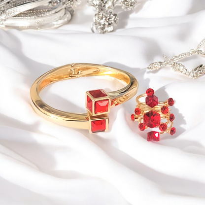 Red Ruby Crystal Bangle +Ring Set
