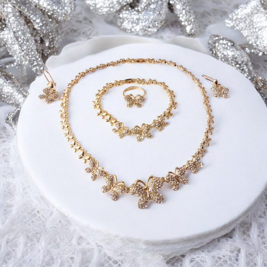 Gold Crystal Studded Butterfly Link Jewelry Set