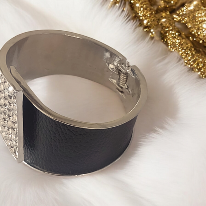Silver Studded  Black Leather Look Cuff Bangle