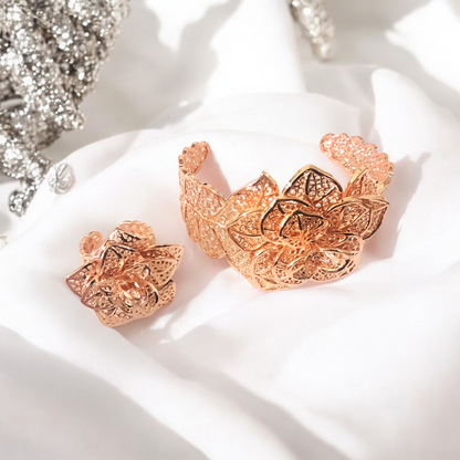 Rose Gold Plated Flower Cuff & Ring Jewelry Set