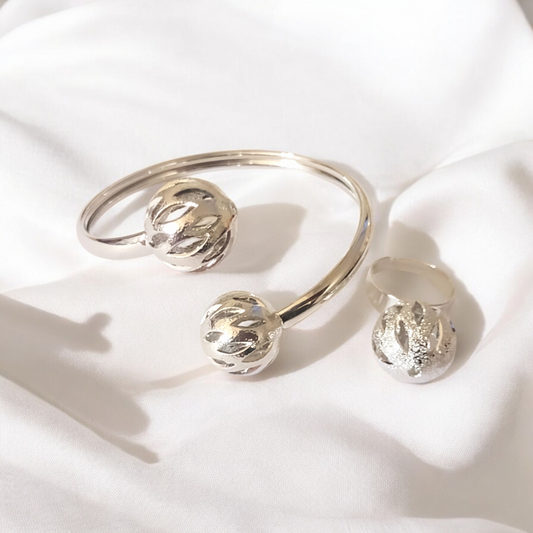 Silver Ball Bangle & Ring Jewelry Set