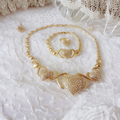 Gold Crystal Embedded Heart Links Jewelry Set