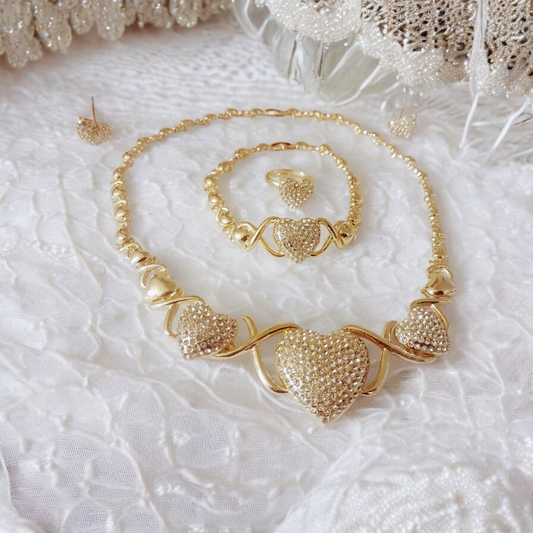 Gold Crystal Embedded Heart Links Jewelry Set