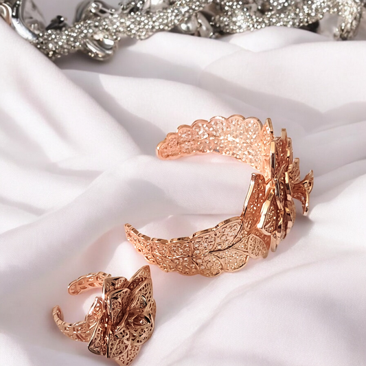 Rose Gold Plated Flower Cuff & Ring Jewelry Set