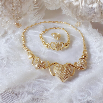 Gold Crystal Embedded Heart Links Jewelry Set