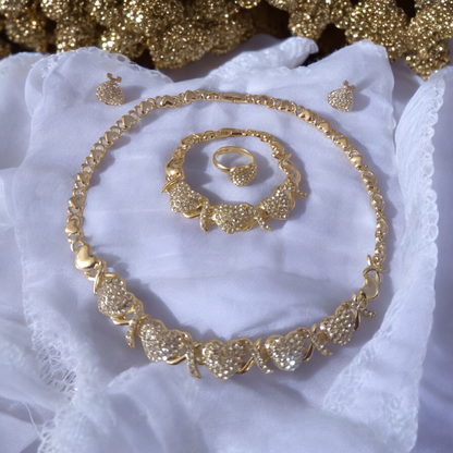 Gold Plated Fashion Hugs & Kisses Heart Crystal Studded Jewelry Set