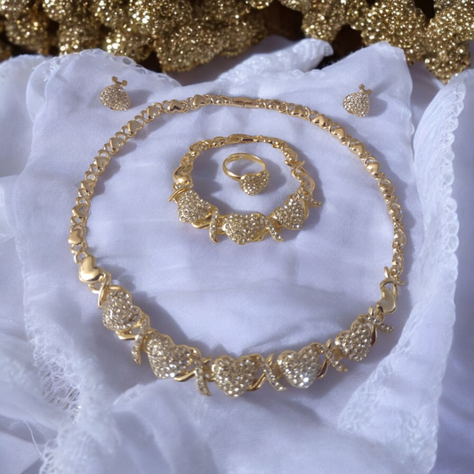 Gold Plated Fashion Hugs & Kisses Heart Crystal Studded Jewelry Set