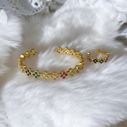 Crystal Clover Multicolor Cuff Bangle & Ring Set