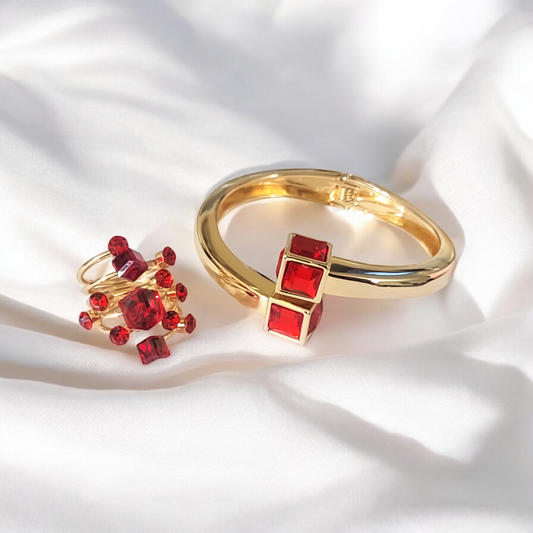 Red Ruby Crystal Bangle +Ring Set