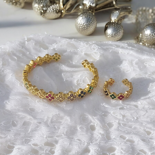 Crystal Clover Multicolor Cuff Bangle & Ring Set