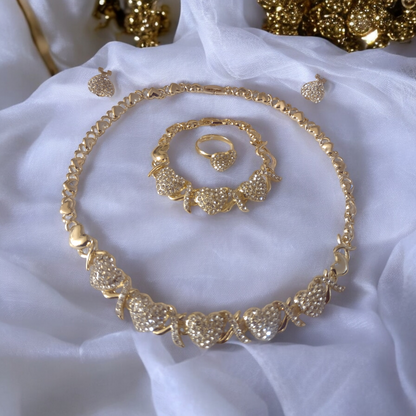 Gold Plated Fashion Hugs & Kisses Heart Crystal Studded Jewelry Set