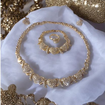 Gold Plated Fashion Hugs & Kisses Heart Crystal Studded Jewelry Set