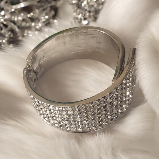 Silver Studded  Black Leather Look Cuff Bangle