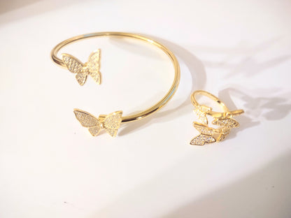 Gold Plated Butterfly Adjustable Bangle and Ring Set