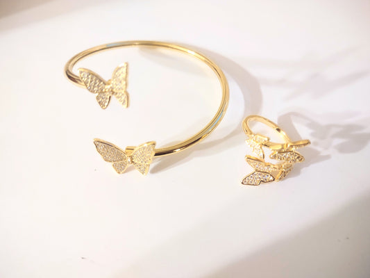 Gold Plated Butterfly Adjustable Bangle and Ring Set